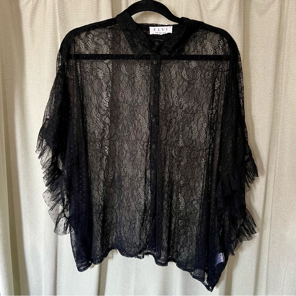Elvi Mixed Material Swiss Dot and Lace Blouse